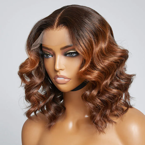 12 Inches  Brown Ombre Loose Wave T-Part HD Lace Glueless Short Wig 100% Human Hair.