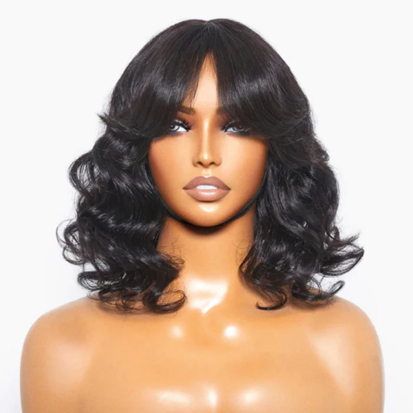 12 Inches Short Loose Wave #1B Lace Wig With Bangs - Image 2