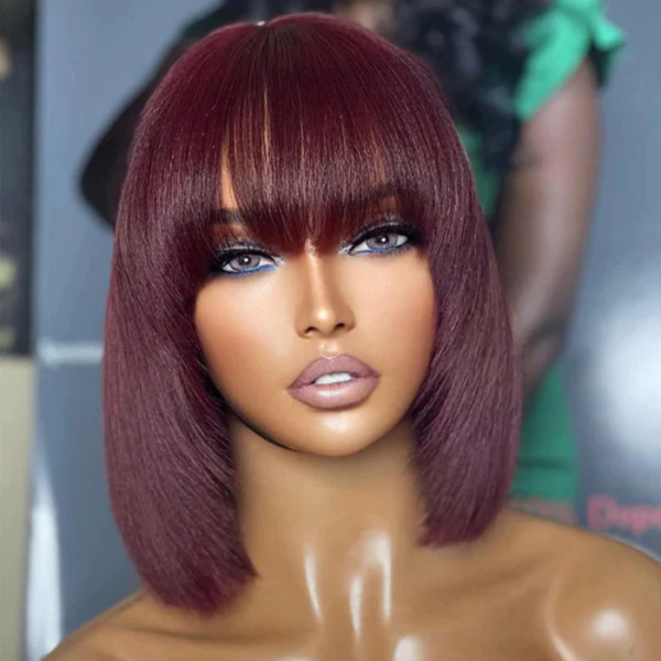 10 Inches Burgundy Wine Red Layered Cut Yaki Straight 150% Density #99J Lace Bob Wig With Bangs. - Image 2