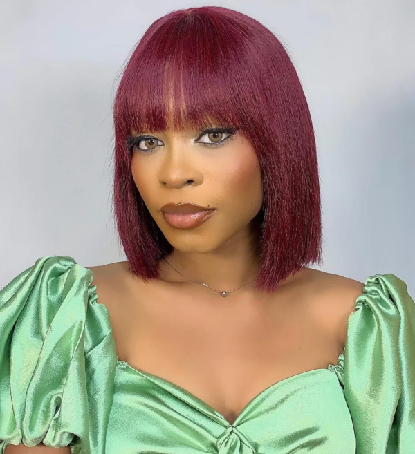 10 Inches Burgundy Wine Red Layered Cut Yaki Straight 150% Density #99J Lace Bob Wig With Bangs.